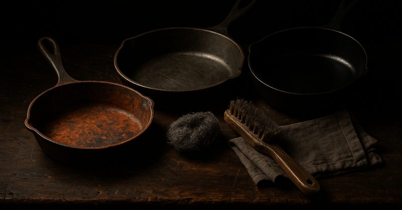 The restoration bench, with pans at several stages of the process