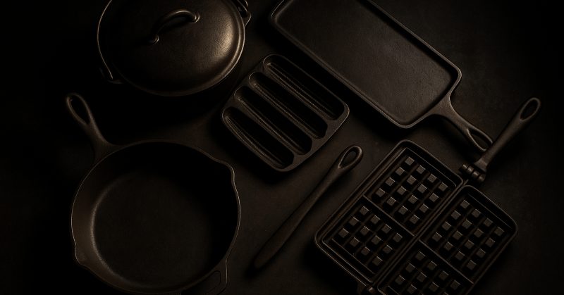 Several different kinds of vintage cast iron cookware arranged together