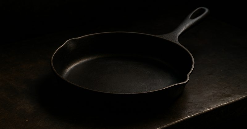 A restored cast iron skillet, seasoned black, on a dark workbench