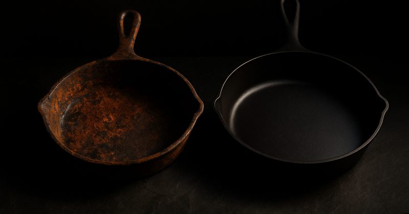 A skillet part way through stripping, showing the difference between treated and untreated iron