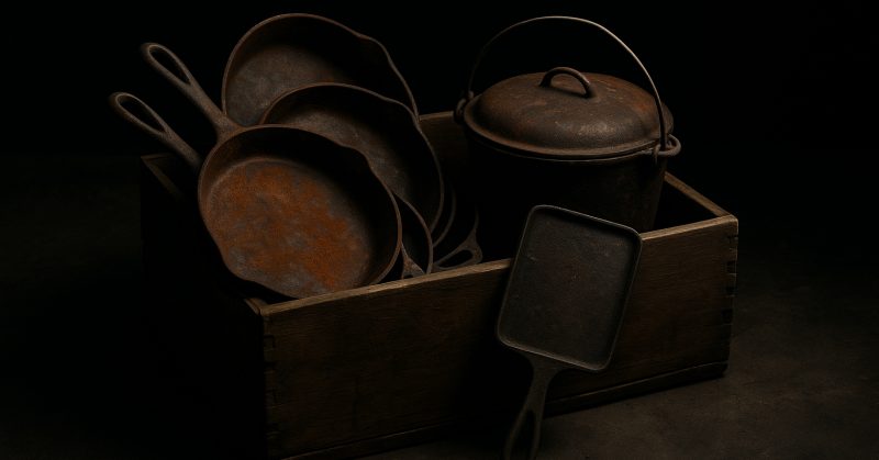 A crate of unrestored vintage cast iron waiting to be sorted