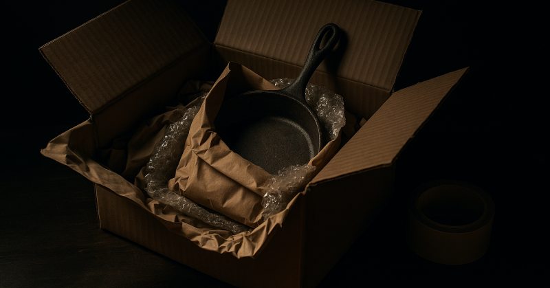 A cast iron skillet wrapped and packed into a shipping box