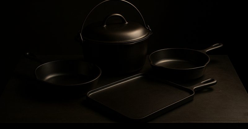 Restored cast iron pieces photographed together on a dark bench