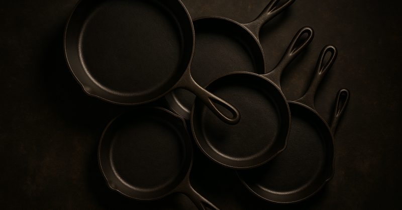 Several restored vintage skillets of different sizes arranged on a dark surface
